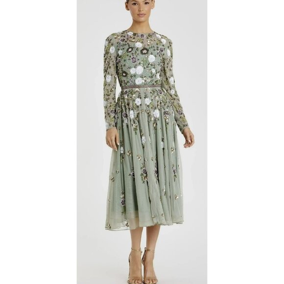 Mac Duggal Green Sequined Floral Long Sleeve Midi Dress Sz 4 NWT